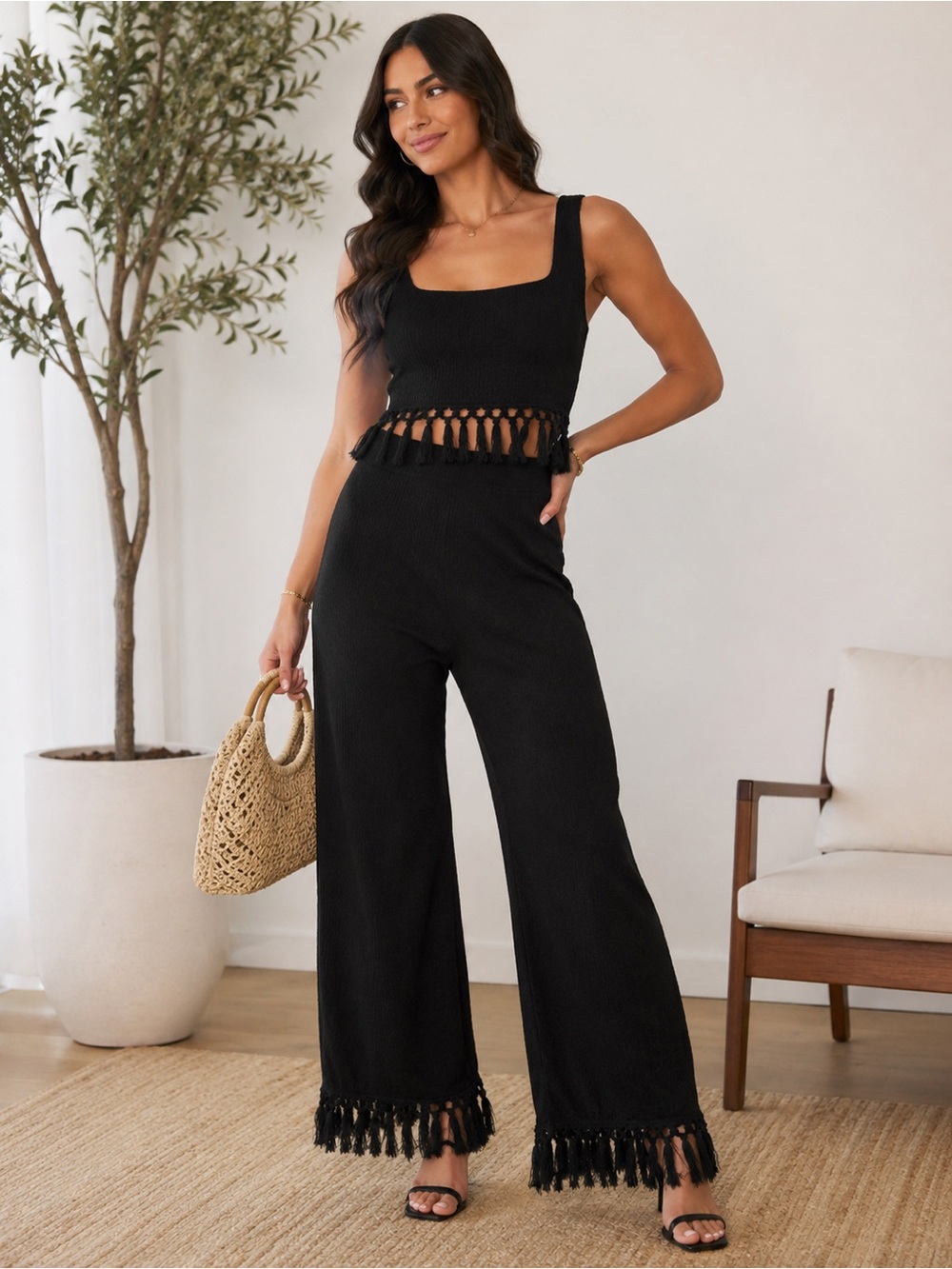 NWT Lulus Black Tassel Trim Wide-Leg Jumpsuit